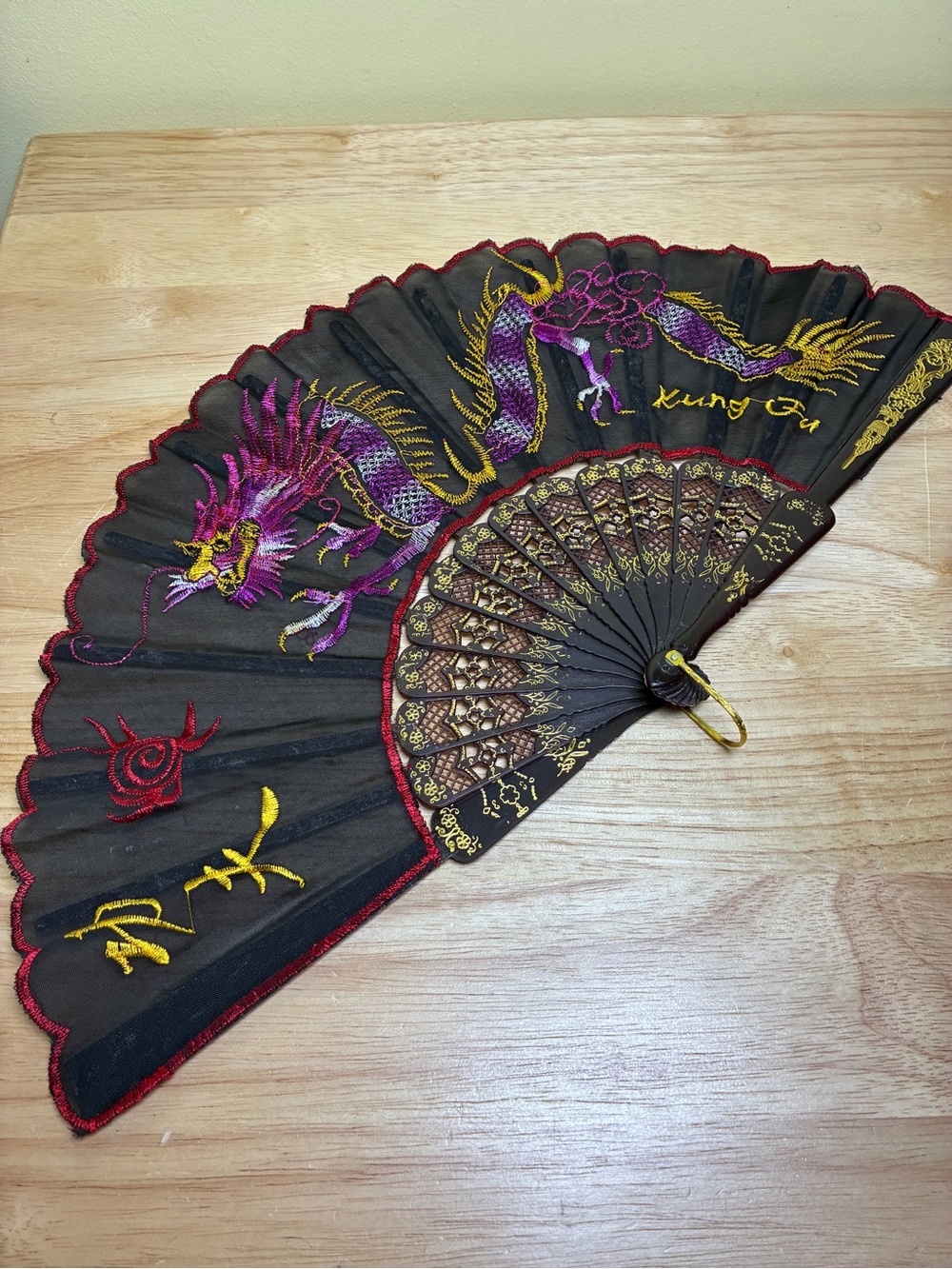 VTG King Fu Asian Hand Fan Purple Dragon Embroidery Cloth Fabric Folding